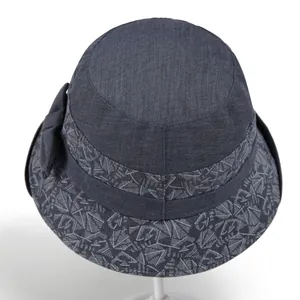 Dark grey elderly women's sun hat with bow decoration and elegant geometric patterns