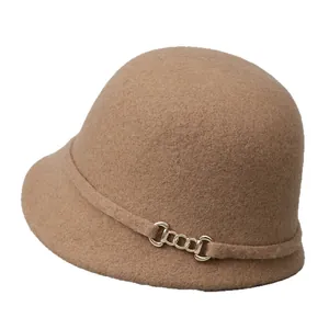 French vintage camel wool felt hat for women with elegant golden chain decorative detail