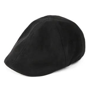 Detailed view of black suede beret with premium stitching and retro textured finish