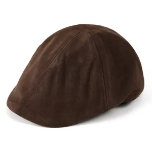 Detail shot of vintage dark brown suede flat cap showing fine fabric texture and stitching