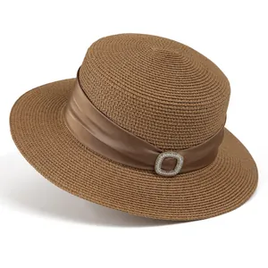 Elegant Women Flat Top Straw Boater Hat With Satin Ribbon Artificial Pearl Rhinestone Buckle Sun Protection Beach Summer Shading Hat