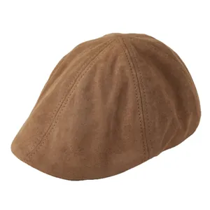 Vintage brown faux suede newsboy cap for men and women with structured brim and stitching