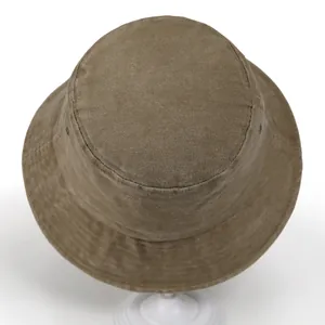 Vintage washed cotton bucket hat in khaki brown with metallic eyelets and short brim