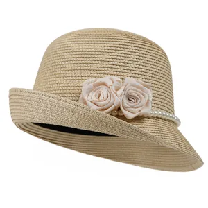 French Elegant Straw Bucket Hat For Women With Flower Artificial Pearl Decor Summer Fashion Sunshade Sun Hat Beach Travel Accessory