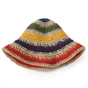 Rainbow knit straw sun hat for women with wide brim and colorful crochet pattern