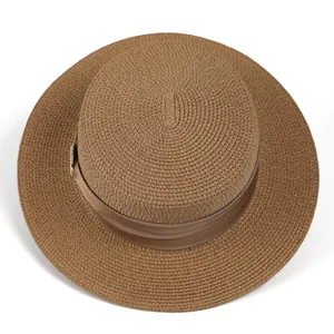 Elegant French style flat top straw hat in dark brown with decorative satin ribbon