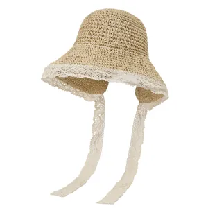 Women Summer Wide Brim Lace Paper Straw Hat Sun Protection Breathable Beach Woven Hat With Adjustable Ribbon Tie For Vacation