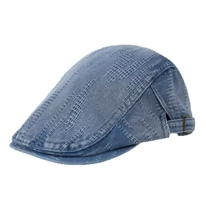 Retro light blue denim newsboy cap with vintage distressed texture and metal buckle