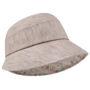 Beige wide brim sun hat for women featuring pink floral pattern lining and breathable fabric