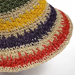 Colorful rainbow woven straw hat for women summer beach outdoor wide brim sun protection