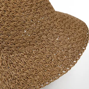 Detailed macro view of high-quality brown straw weaving texture on a wide-brim sun hat