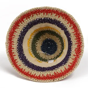 Rainbow woven wide brim paper straw sun hat for women with colorful striped design