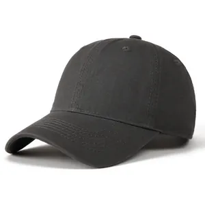 Detailed side view of charcoal grey cotton baseball cap with twill texture and stitching
