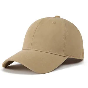 Detailed close-up of khaki cotton baseball cap with twill texture and breathable eyelets