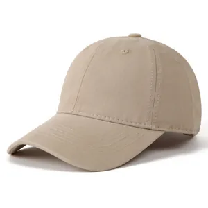 Detail of khaki cotton twill baseball cap showing six-panel stitch and breathable eyelets
