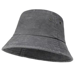 Detail view of washed charcoal grey denim bucket hat with metallic side ventilation eyelets