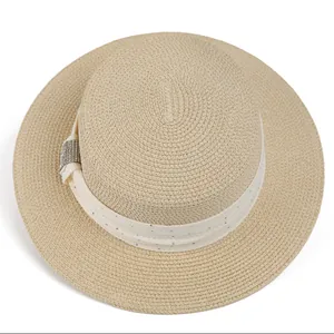 Minimalist straw sun hat with sparkling rhinestone band for women's summer vacation