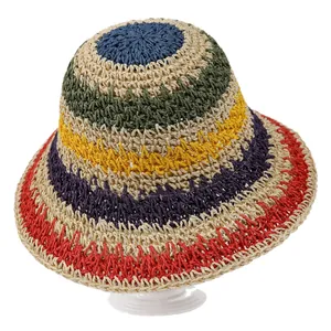 Colorful crochet woven straw sun hat for women with wide brim for beach and outdoor UV protection