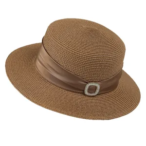 Elegant French style straw sun hat with brown satin ribbon and crystal buckle