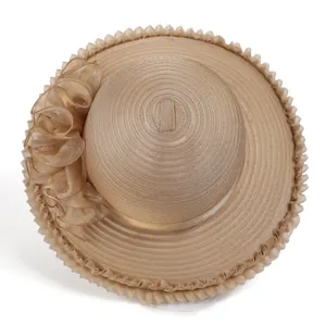 Chapeau de soleil doré en organza avec grande fleur et bord plissé pour femmes