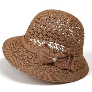 Women Elegant Crochet Bowknot Bucket Hat Faux Artificial Pearl Sunshade Breathable Summer Straw Hat For Middle Aged Mothers