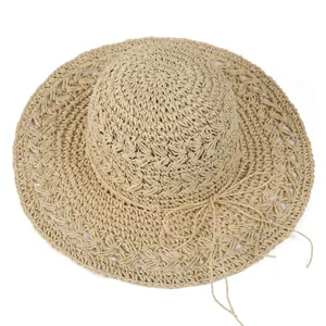 Women Summer Hollow Out Wide Brim Straw Hat Breathable Paper Sun Hat For Beach Vacation Elegant Fisherman Cap