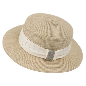 Minimalist flat top boater hat with rhinestone ribbon and buckle for summer sun protection