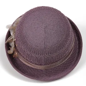 British style purple knitted sun hat with floral mesh decor and sun protection