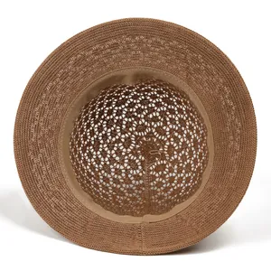 Breathable brown woven sun hat for elderly women with inner sweatband detail
