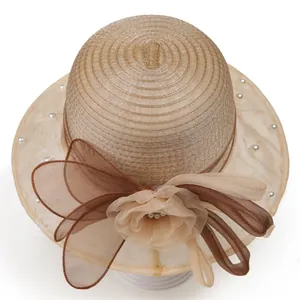 Chapeau de soleil élégant beige en organza avec nœud et perles pour femmes