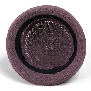Purple sun hat with interior sweatband and breathable woven texture in a round design