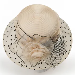 Elegant organza sun hat with heart patterns and large floral accent for women