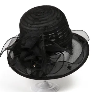 Cappello da Pescatore in Organza Elegante da Donna Con Grande Fiore Perle Vintage Matrimonio Chiesa Sole Tesa Larga Cappello Festa