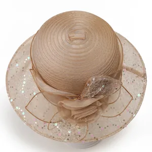 Elegant champagne organza wide brim sun hat with sequins and a large 3D flower detail