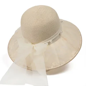 Elegante Cappello di Paglia da Donna Tesa Larga Con Fiocco in Pizzo e Perla Artificial Traspirante Pieghevole per Vacanza al Mare