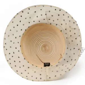 Elegant wide brim straw sun hat with heart pattern organza mesh and floral vintage style