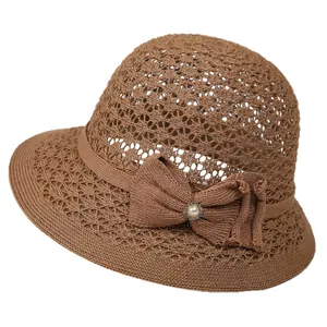 Brown breathable sun hat for middle-aged women with knit mesh and pearl bow detail