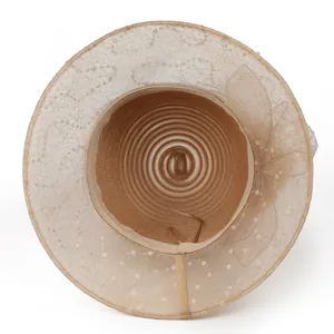 Elegant organza sun hat with sequins and adjustable drawstring in earth tone