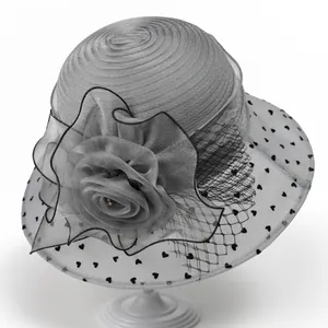 Silver grey organza church hat featuring large flower detail and black heart pattern mesh