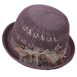 Elegant dark purple woven sun hat with floral organza ribbon for women