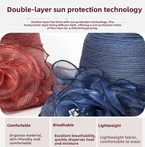 Detail of organza sun hat showing breathable double-layer fabric and floral texture