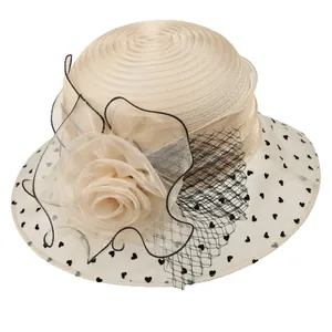 Elegant organza sun hat in beige with large floral rose and black polka dot heart mesh