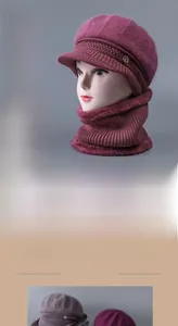 Detail of winter knitted hat and neck gaiter set with faux fur lining for elderly women