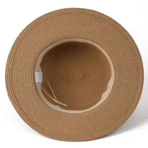 Deep brown wide brim straw sun hat with inner sweatband and 100% paper weave detail