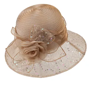 Elegant champagne organza sun hat with mesh sequins and decorative floral accents