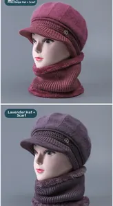 Detail of wool knit hat and scarf set with fleece lining and metal buckle accent