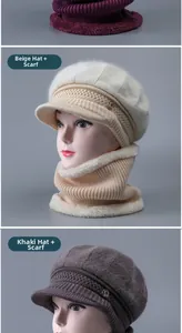 Winter knitted hat and scarf set with thick fleece lining for elder women's warmth