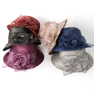 Women's Organza Church Hat Elegant Large Brim Sun Hat With 3D Flower Artificial Pearl Detail Foldable French Vintage Party Wedding Summer Hat
