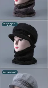 Detail of warm knit hat and scarf set with thick fleece lining for elderly women