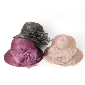 Elegant organza sun hats for women featuring large floral decor and pearl accents